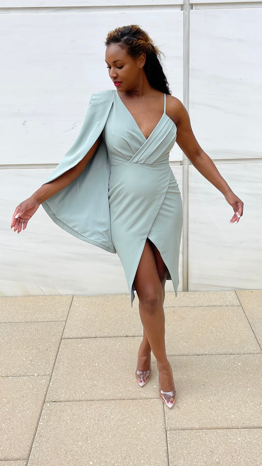 one shoulder cape pleated midi dress in sage