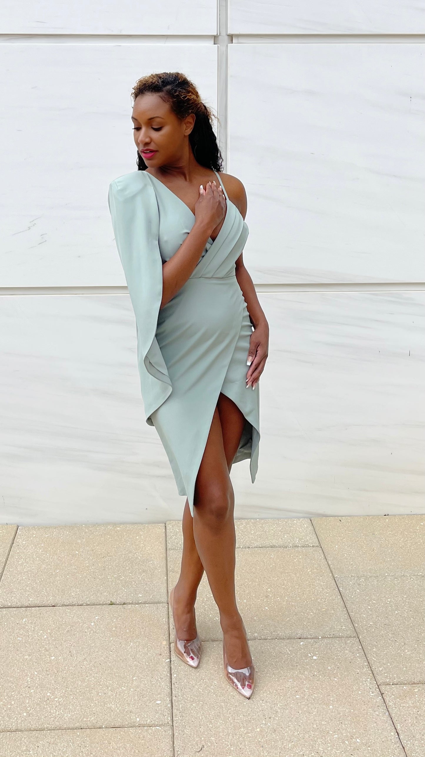 one shoulder cape pleated midi dress in sage