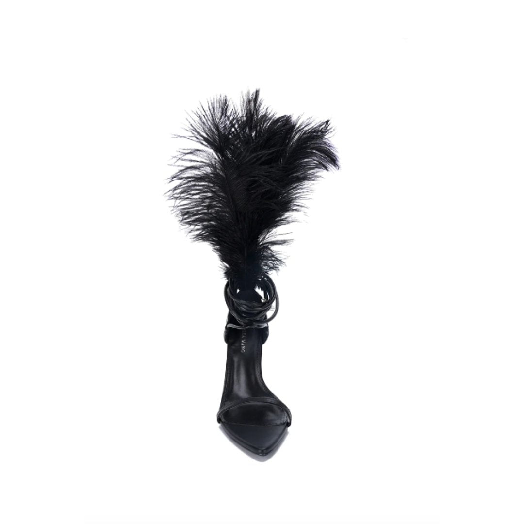 CLEASBY-BLACK FEATHER HEELED SANDAL - Very Ashley